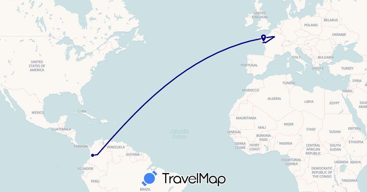 TravelMap itinerary: driving in Colombia, France (Europe, South America)
